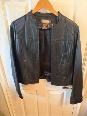 PAIGE Black Leather Moto Jacket with Snap Collar